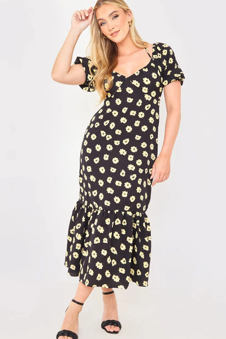 Best In The Style Floral Plunge Short Sleeve Midi Dress Black