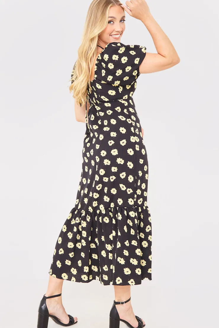 Best In The Style Floral Plunge Short Sleeve Midi Dress Black