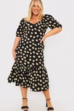 Best In The Style Floral Plunge Short Sleeve Midi Dress Black