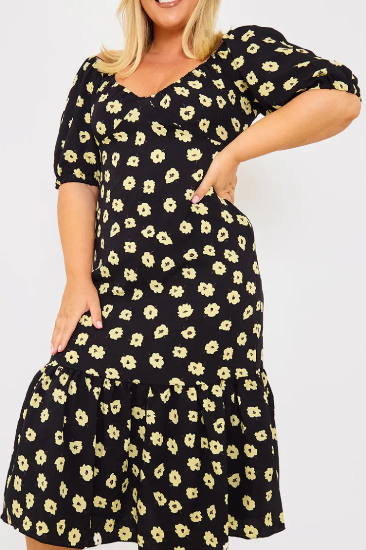Best In The Style Floral Plunge Short Sleeve Midi Dress Black