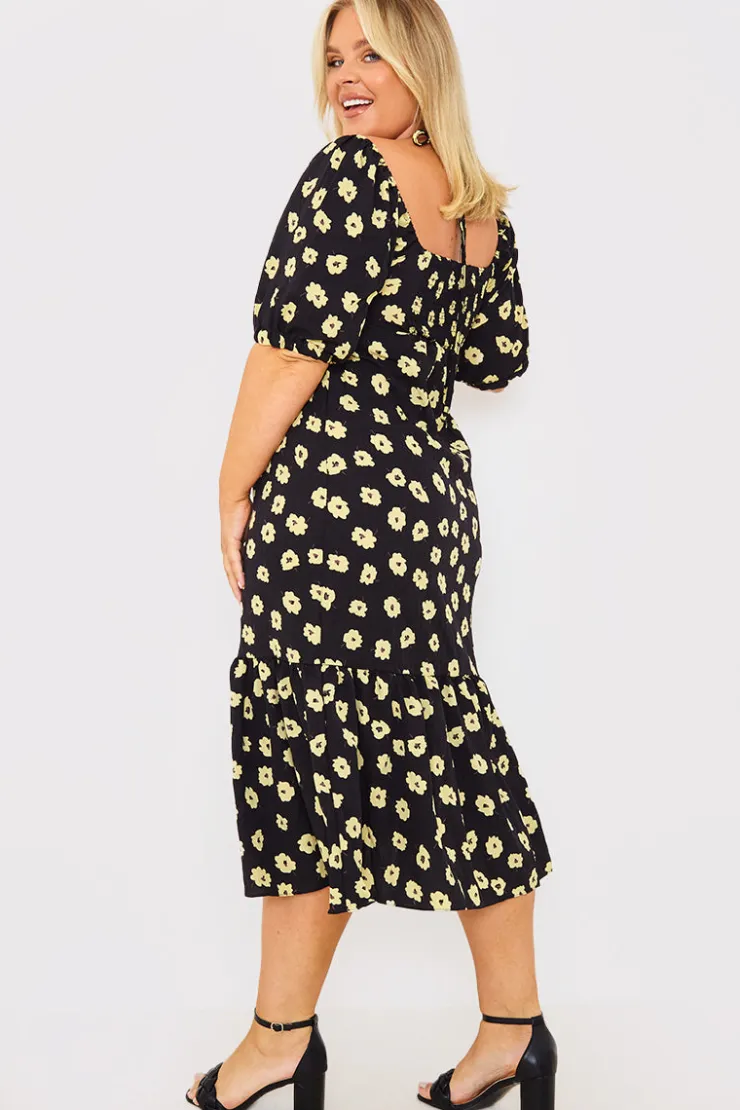 Best In The Style Floral Plunge Short Sleeve Midi Dress Black
