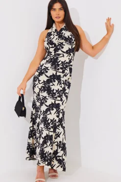 Best In the Style Floral Print Cowl Neck Maxi Dress Stone