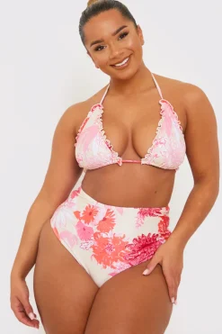 New In the Style Floral Print Frill Triangle Bikini Top Pink