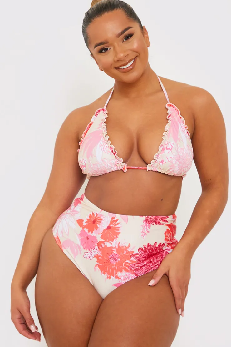 New In the Style Floral Print Frill Triangle Bikini Top Pink