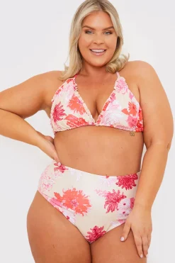 New In the Style Floral Print Frill Triangle Bikini Top Pink