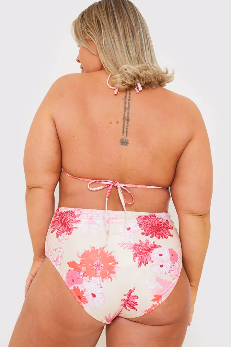 New In the Style Floral Print Frill Triangle Bikini Top Pink