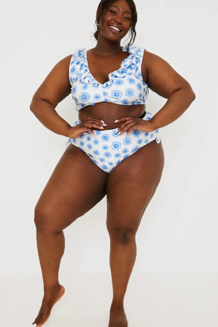 Online In the Style Floral Print High Waisted Bikini Bottoms With Ruched Sides Blue