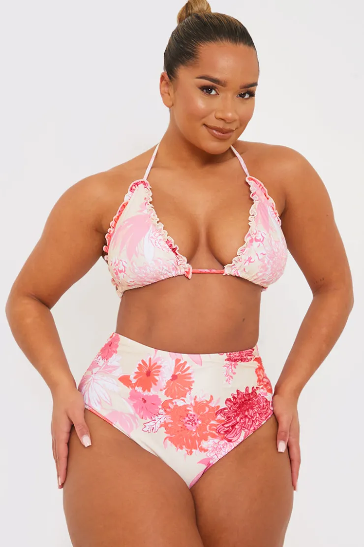 Hot In the Style Floral Print High Waisted Bikini Bottom Pink