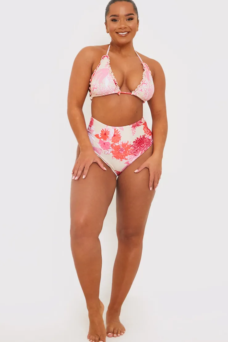 Hot In the Style Floral Print High Waisted Bikini Bottom Pink