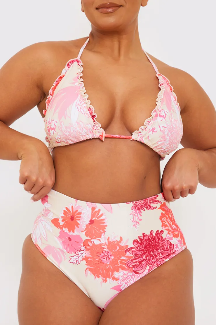 Hot In the Style Floral Print High Waisted Bikini Bottom Pink