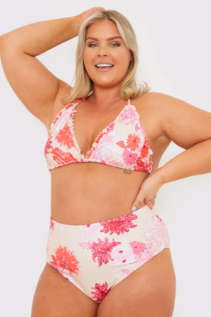 Hot In the Style Floral Print High Waisted Bikini Bottom Pink