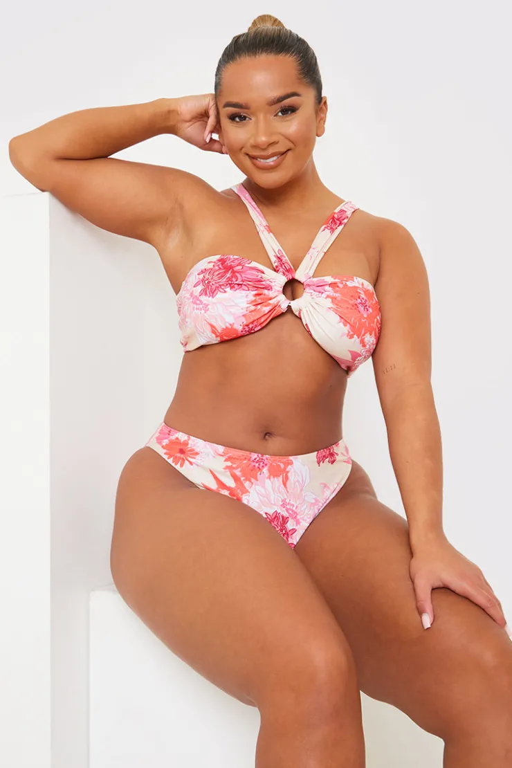 In the Style Floral Print Multiway Strap Ring Detail Bikini Top Pink