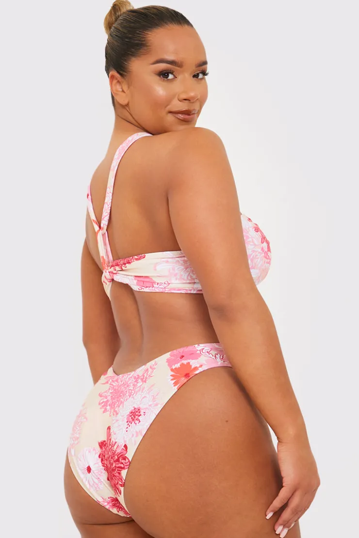 In the Style Floral Print Multiway Strap Ring Detail Bikini Top Pink