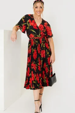 Online In the Style Floral Print Pleated Wrap Midi Dress Black
