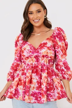 In the Style Floral Print Puff Sleeve Blouse Pink