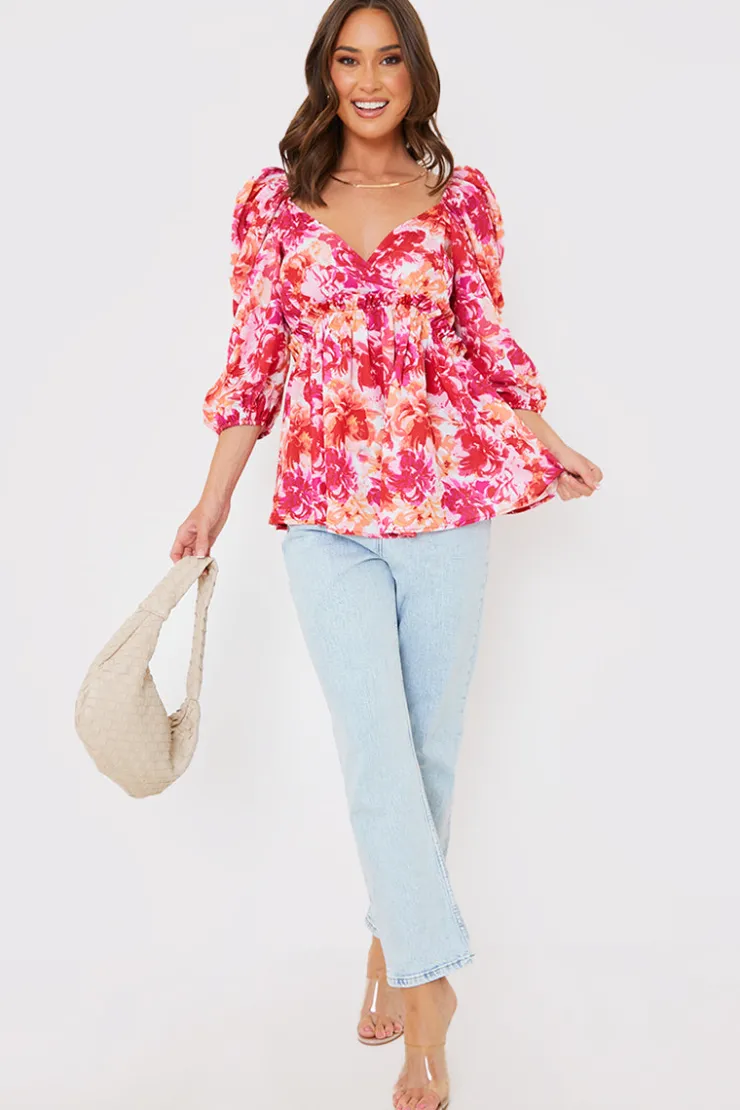 In the Style Floral Print Puff Sleeve Blouse Pink