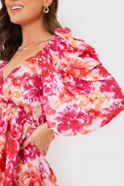 In the Style Floral Print Puff Sleeve Blouse Pink