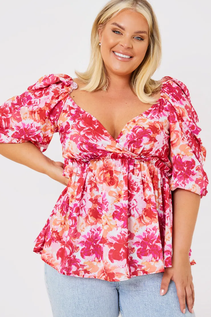 In the Style Floral Print Puff Sleeve Blouse Pink