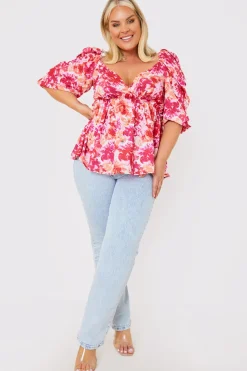 In the Style Floral Print Puff Sleeve Blouse Pink