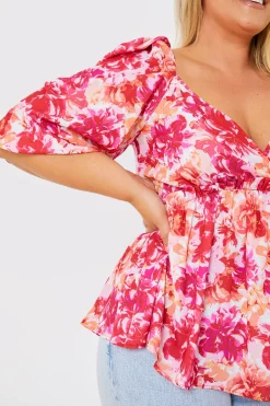 In the Style Floral Print Puff Sleeve Blouse Pink