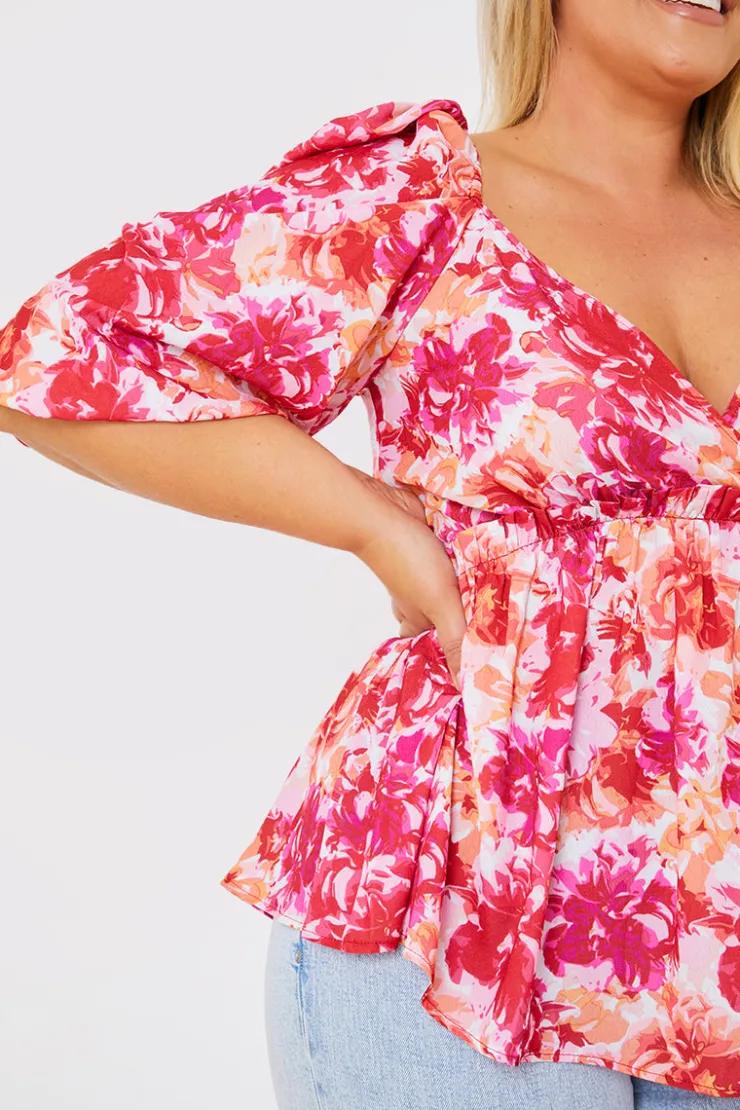 In the Style Floral Print Puff Sleeve Blouse Pink