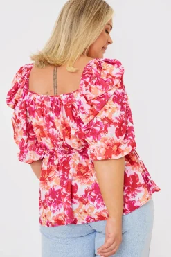 In the Style Floral Print Puff Sleeve Blouse Pink