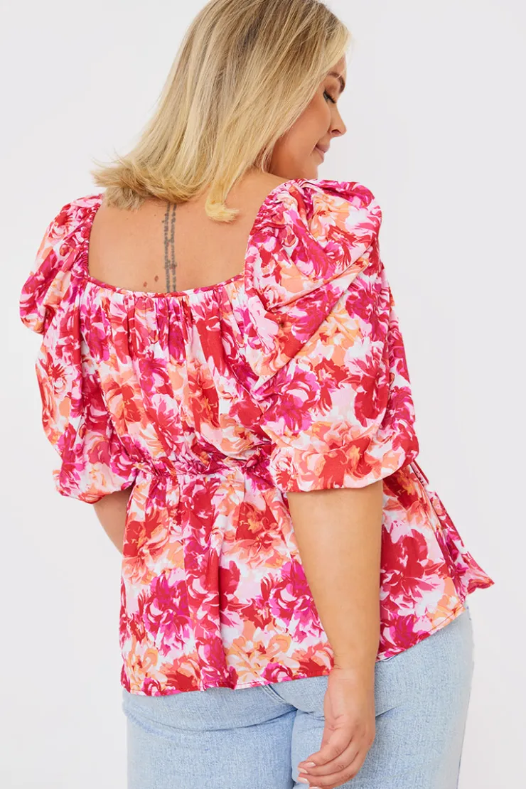 In the Style Floral Print Puff Sleeve Blouse Pink