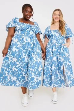 New In the Style Floral Print Puff Sleeve Sweetheart Midi Dress Blue