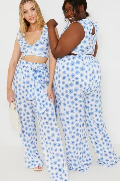 Discount In the Style Floral Print Tie Detail Wide Leg Trousers Blue