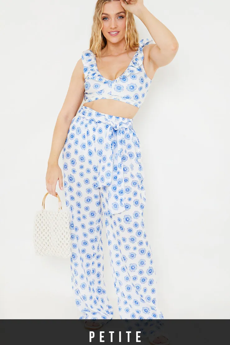Discount In the Style Floral Print Tie Detail Wide Leg Trousers Blue