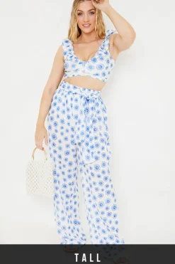 Discount In the Style Floral Print Tie Detail Wide Leg Trousers Blue