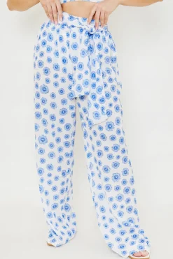 Discount In the Style Floral Print Tie Detail Wide Leg Trousers Blue