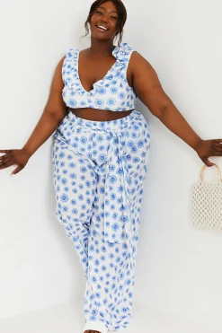 Discount In the Style Floral Print Tie Detail Wide Leg Trousers Blue