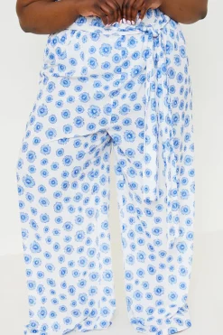 Discount In the Style Floral Print Tie Detail Wide Leg Trousers Blue