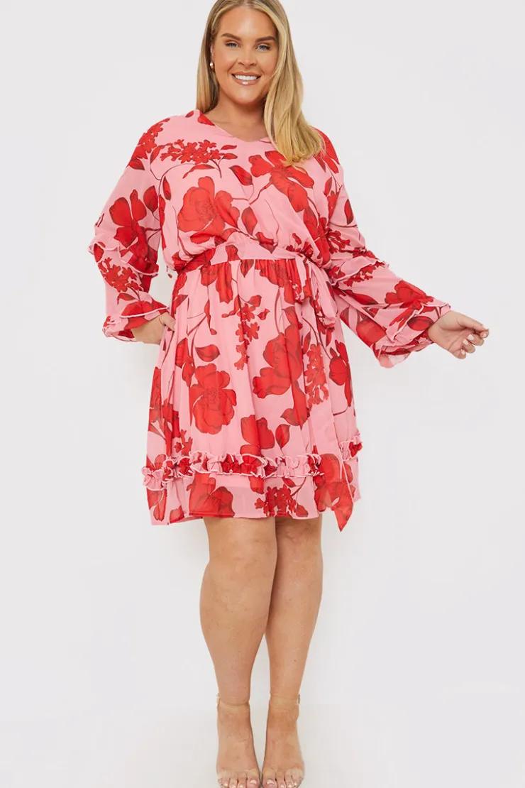 New In the Style Floral Printed Chiffon Frill Detail Balloon Sleeve Mini Dress Pink