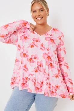 In the Style FLORAL TIERED JERSEY SMOCK TOP Pink
