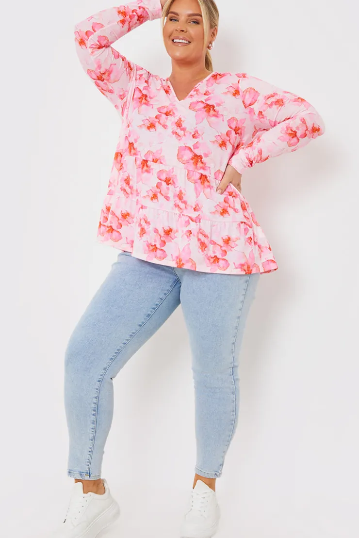 In the Style FLORAL TIERED JERSEY SMOCK TOP Pink