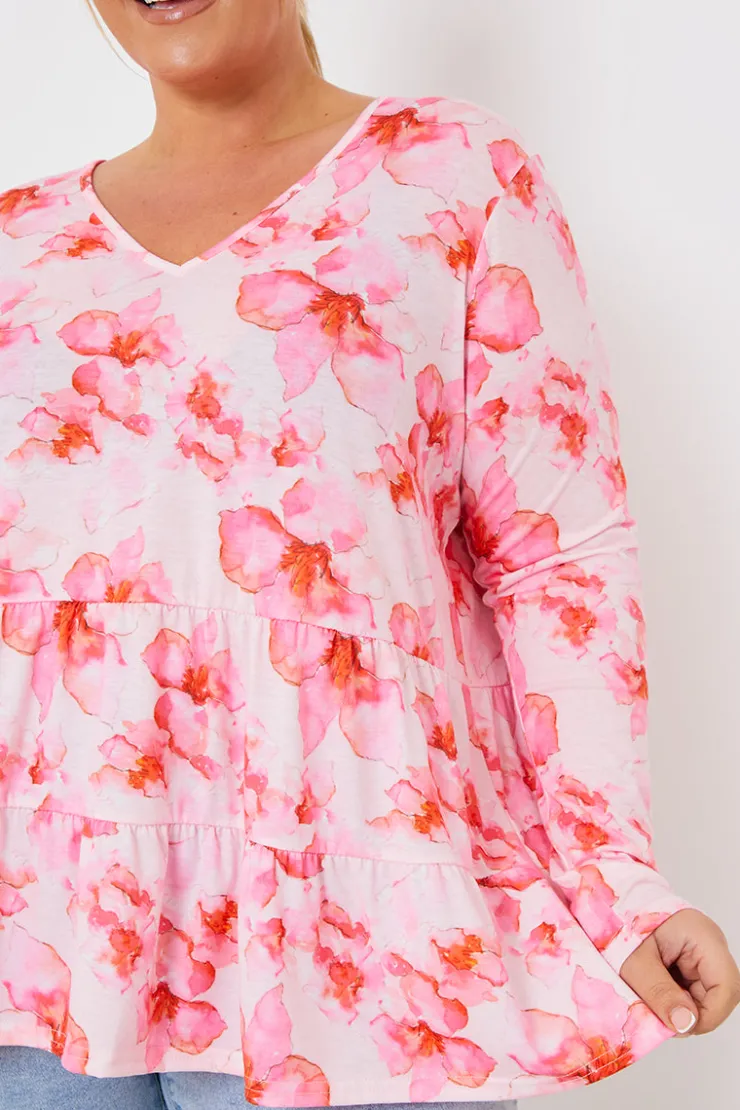 In the Style FLORAL TIERED JERSEY SMOCK TOP Pink