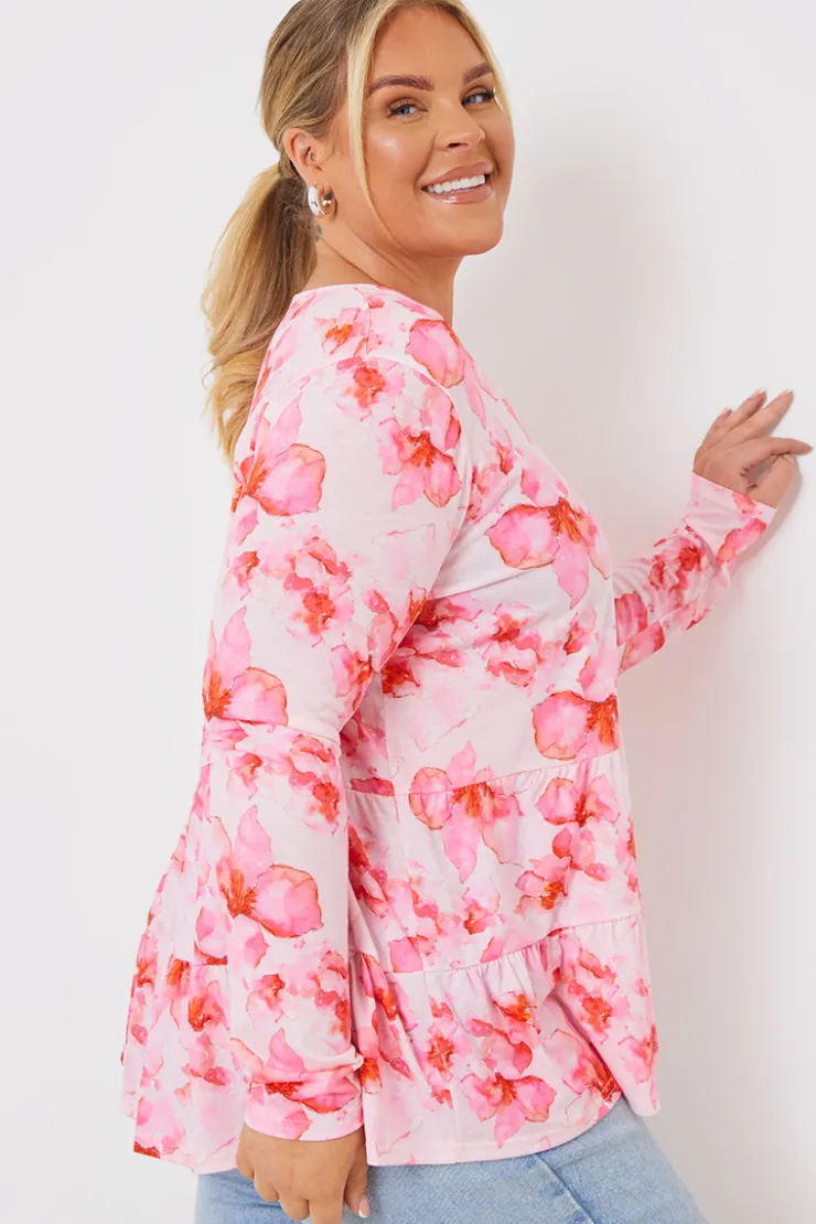 In the Style FLORAL TIERED JERSEY SMOCK TOP Pink