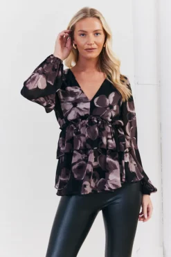 Sale In The Style Floral V Neck Frill Detail Blouse Brown