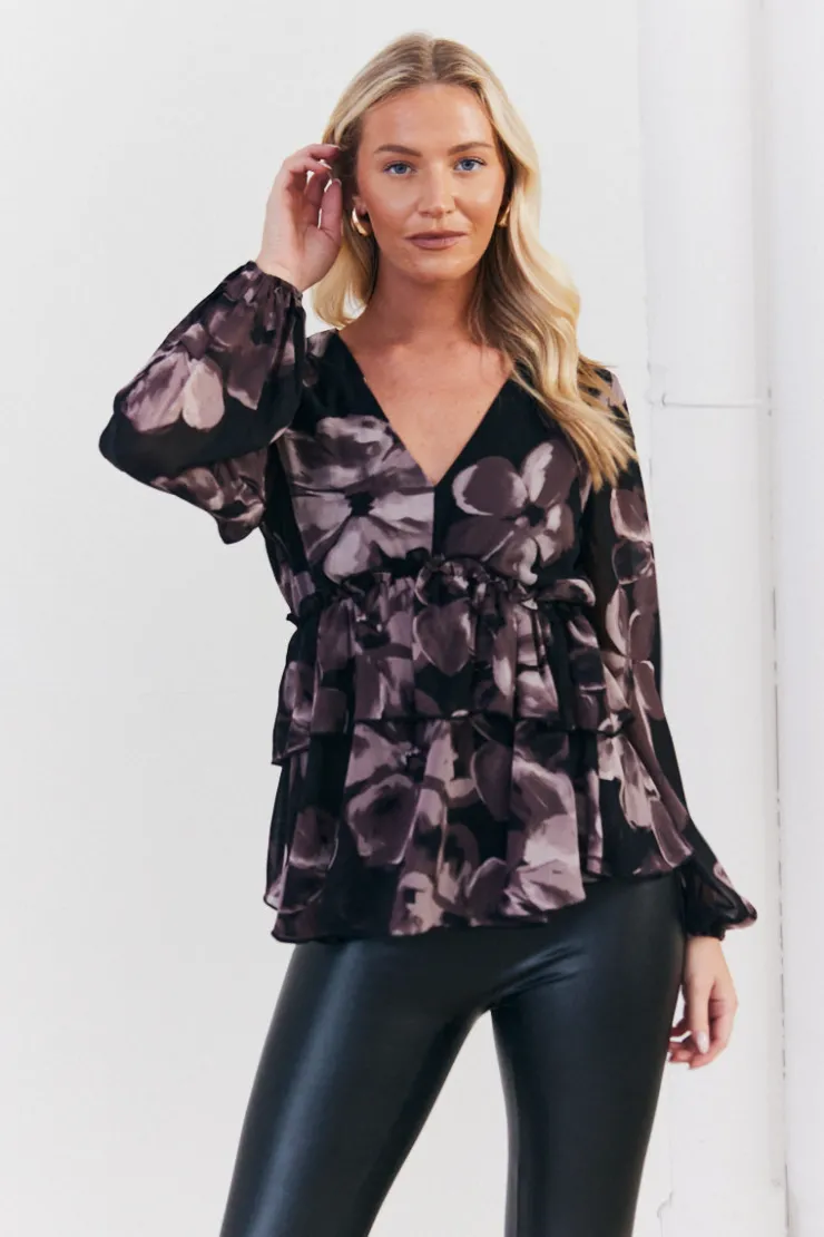 Sale In The Style Floral V Neck Frill Detail Blouse Brown