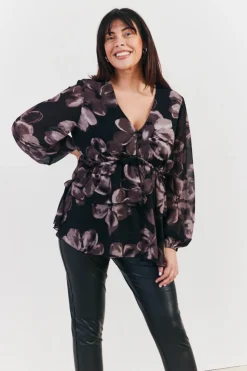 Sale In The Style Floral V Neck Frill Detail Blouse Brown