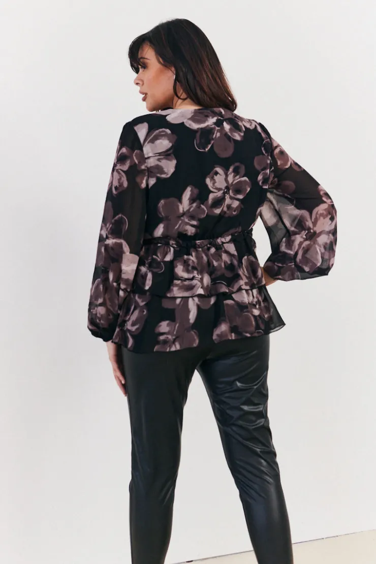 Sale In The Style Floral V Neck Frill Detail Blouse Brown