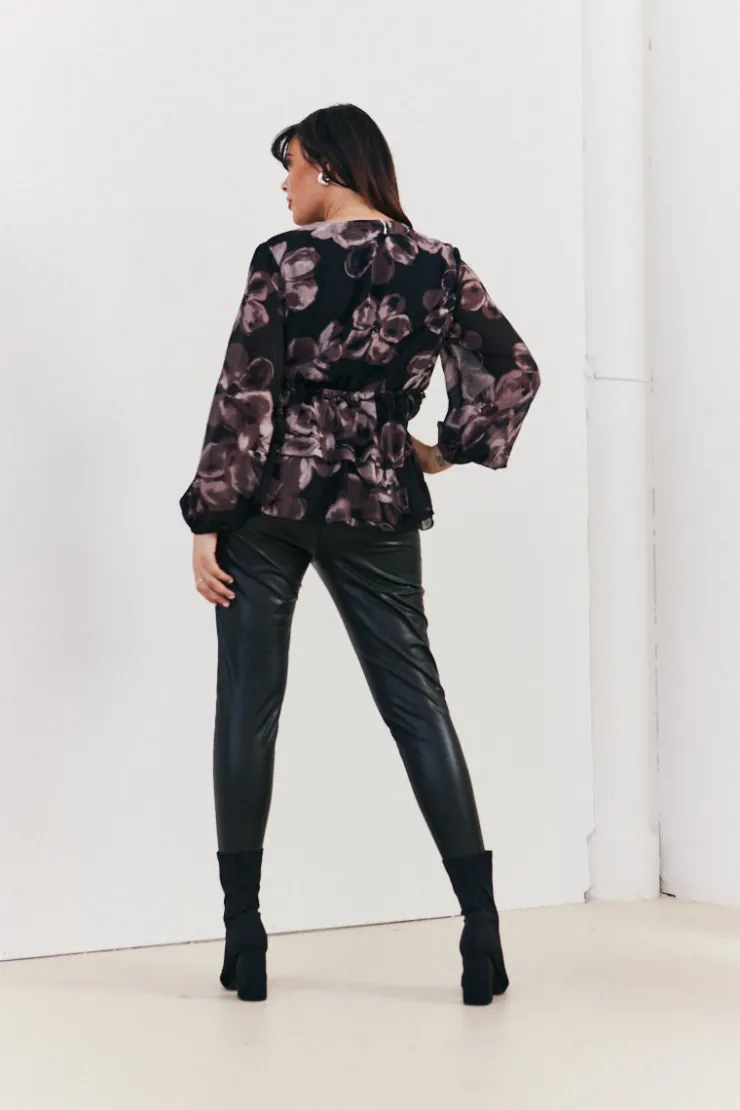 Sale In The Style Floral V Neck Frill Detail Blouse Brown