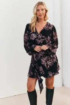 Discount In The Style Floral Wrap Front Detail Skater Dress Brown