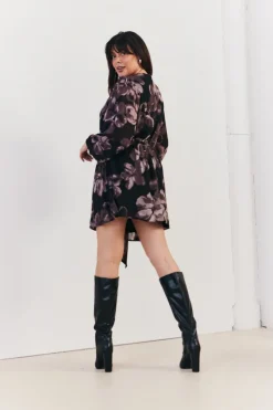 Discount In The Style Floral Wrap Front Detail Skater Dress Brown
