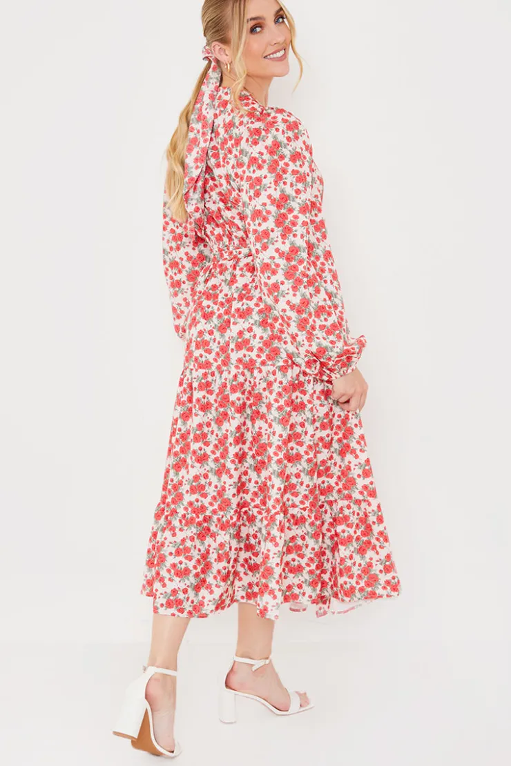 Online In the Style Floral Wrap Midi Dress Red