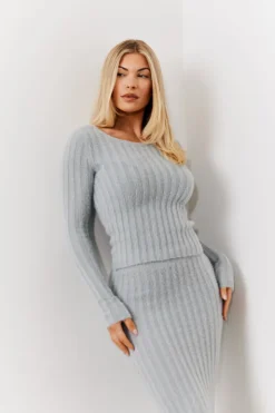 Outlet In The Style Fluffy Rib Co-Ord Knitted Jumper Grey