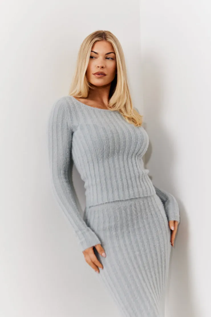 Outlet In The Style Fluffy Rib Co-Ord Knitted Jumper Grey