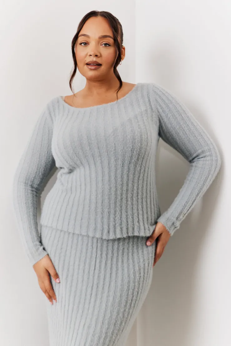 Outlet In The Style Fluffy Rib Co-Ord Knitted Jumper Grey